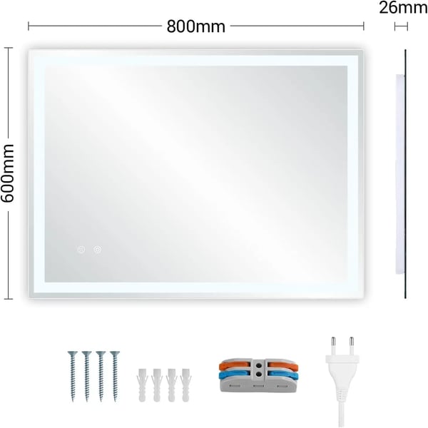 LED Kylpyhuonepeili - Kehyksetön Suorakulmainen 80 x 60 cm - Karkaistu Lasi - Huurtumaton - Himmennettävä Kosketus - 3 Valonväriä - Korkea Valoteho