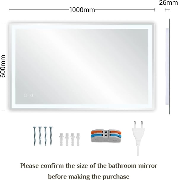 LED Badrumsspegel - Rektangulär 100 x 60 cm - Härdat Glas - Dimbar Touchsensor - 3 Färgtemperaturer - Anti-imma - Hög ljusstyrka - Röd