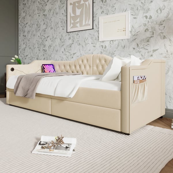 Dagseng Sovesofa - 90x200 cm - Polstret Tekstil - Opbevaring - Moderne Stil - Selvstændig Konstruktion
