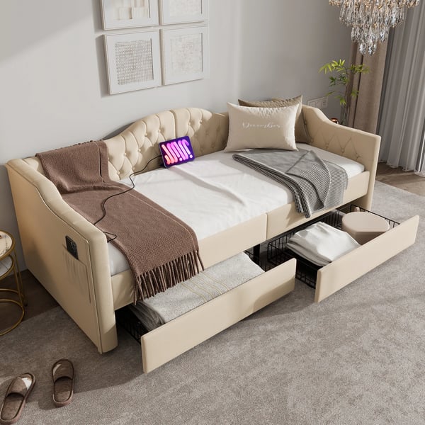 Dagseng Sovesofa - 90x200 cm - Polstret Tekstil - Opbevaring - Moderne Stil - Selvstændig Konstruktion