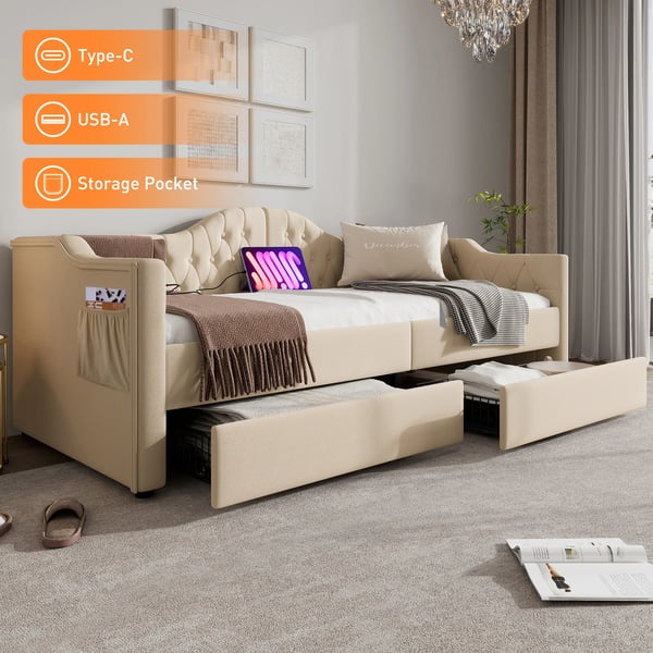Dagseng Sovesofa - 90x200 cm - Polstret Tekstil - Opbevaring - Moderne Stil - Selvstændig Konstruktion