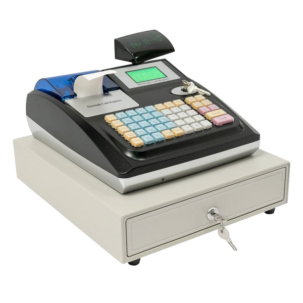 Kasseapparat POS - 48 taster - Dobbelt LED-display - 10.000 PLU - Pengeskuffe - EU-stik 100–240 V - Engelsk tastatur - Sort