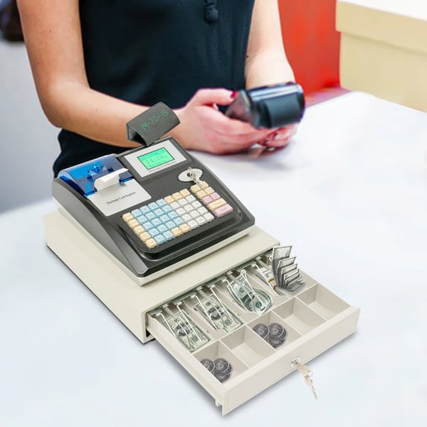 Kassakone POS - 48 näppäintä - Kaksi LED-näyttöä - 10 000 PLU - Rahalaatikko - EU-pistoke 100–240 V - Englanninkielinen näppäimistö - Musta