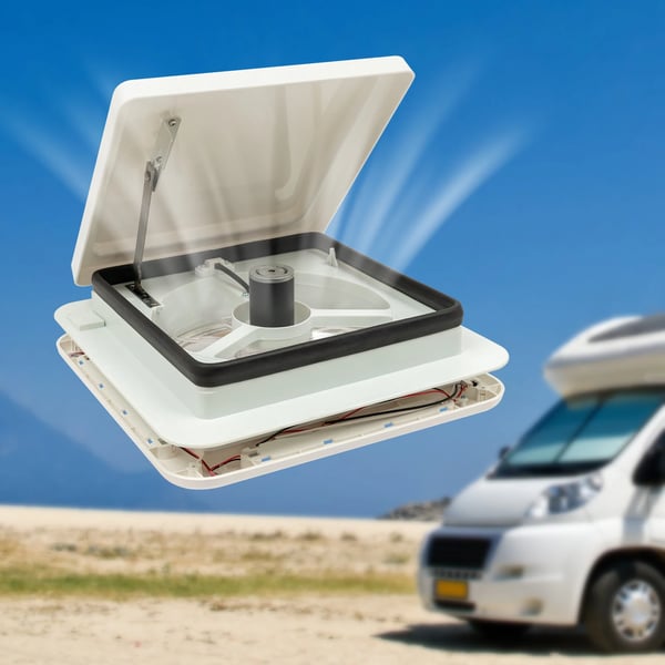 Tagventil til autocamper/campingvogn - Tagluge med blæser 36x36 cm - 12V - 10 blade - 33 dB - LED-lys - Insektnet - Hvid