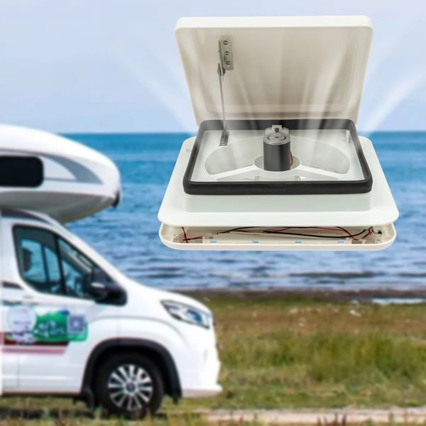 Tagventil til autocamper/campingvogn - Tagluge med blæser 36x36 cm - 12V - 10 blade - 33 dB - LED-lys - Insektnet - Hvid