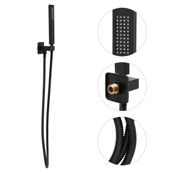 Brusesystem - Indbygget Væghængt Brusepanel - Regnbruser 40 cm - Håndbruser - Dobbeltgreb - Keramisk Ventil - Messing & Rustfrit Stål - Sort