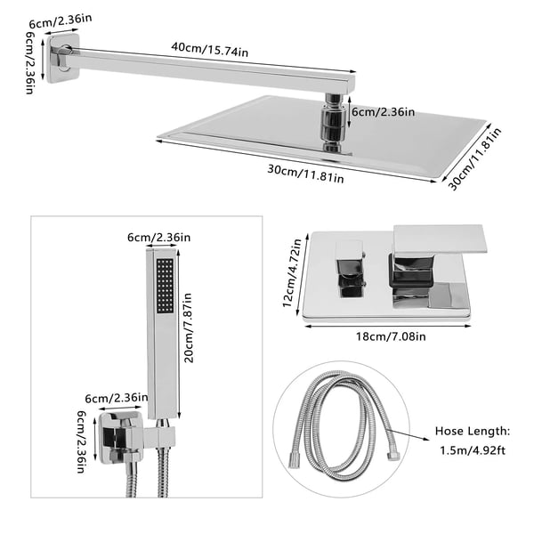 Brusesystem - Væghængt brusepanel - Regnbruser 30 cm - Håndbruser - Dobbeltgreb - Keramisk ventil - Messing & rustfrit stål - Lysegrå