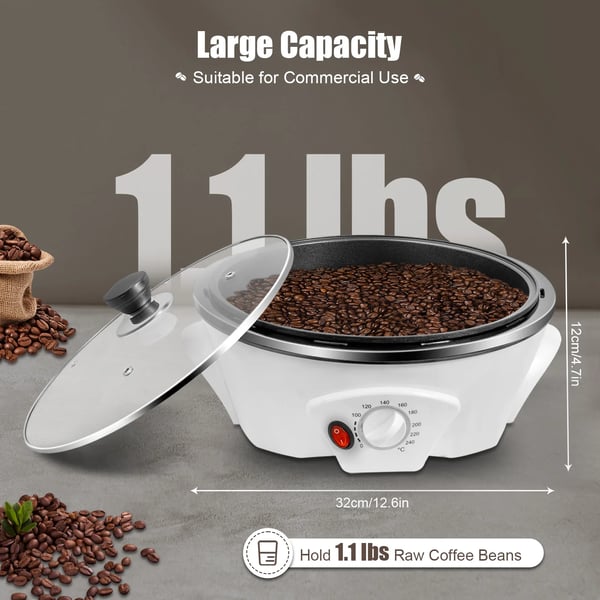 Kaffebønnerister - Elektrisk Ristemaskine - 1200W - 220–240V - 500 g Kapacitet - PP & Glas - Til Kaffe/Nødder - Hvid