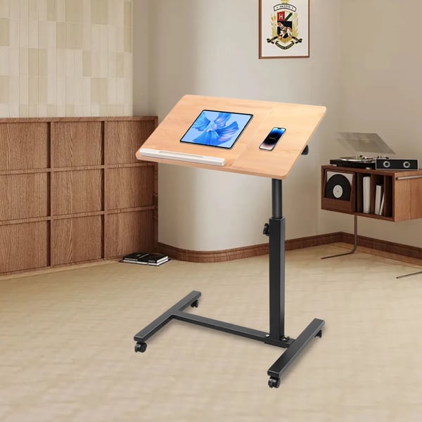 Mobilt laptopbord - Højdejusterbart computerbord - 58–90 cm - 360° drejbar - U-form - 4 låsbare hjul - MDF & stål