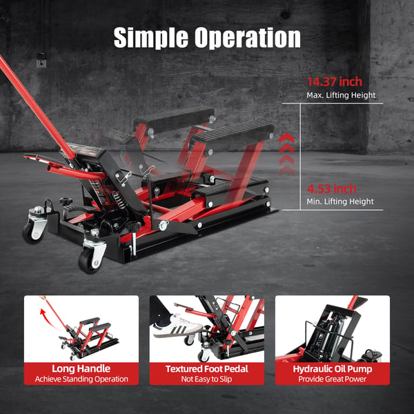Motorcykelløfter - Hydraulisk saksedonkraft - Max 680 kg - Løfteområde 11,5–36,5 cm - Justerbar - Bærbar - Sikkerhedssplinter - Rød