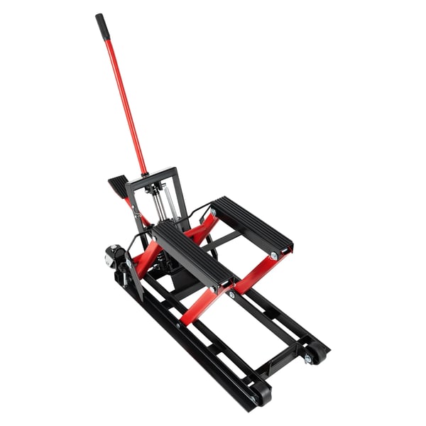 Motorcykelløfter - Hydraulisk saksedonkraft - Max 680 kg - Løfteområde 11,5–36,5 cm - Justerbar - Bærbar - Sikkerhedssplinter - Rød
