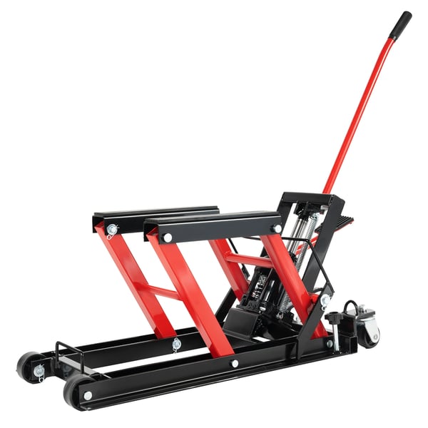 Motorcykelløfter - Hydraulisk saksedonkraft - Max 680 kg - Løfteområde 11,5–36,5 cm - Justerbar - Bærbar - Sikkerhedssplinter - Rød