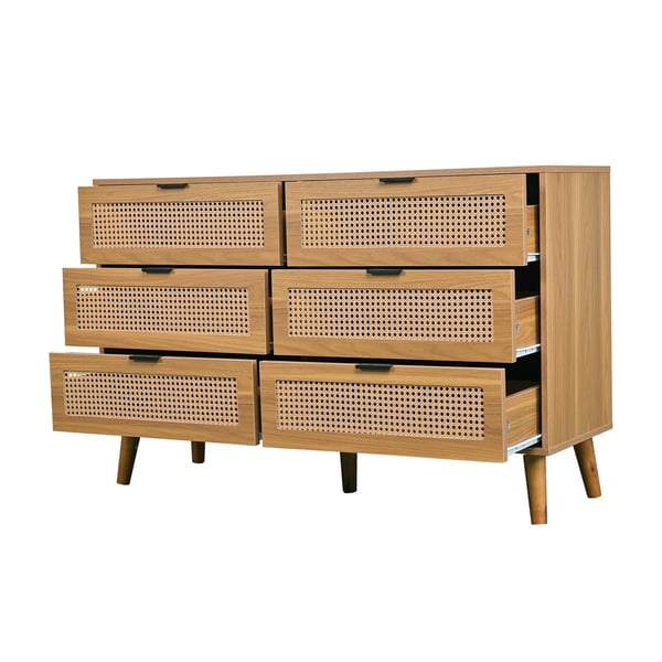 Skænk - Highboard - Neoklassisk design - 6 skuffer - Stor opbevaring - Rattan og træ - Til stuen - Chokoladebrun