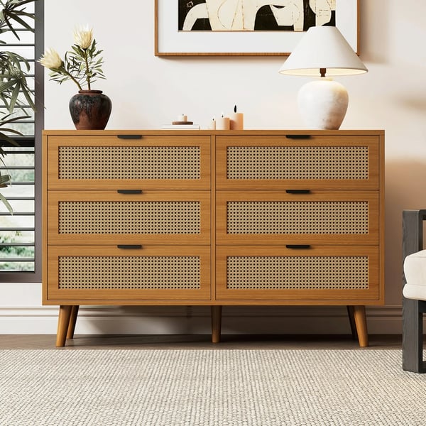 Skænk - Highboard - Neoklassisk design - 6 skuffer - Stor opbevaring - Rattan og træ - Til stuen - Chokoladebrun