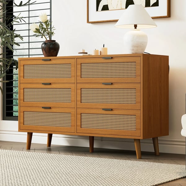 Skænk - Highboard - Neoklassisk design - 6 skuffer - Stor opbevaring - Rattan og træ - Til stuen - Chokoladebrun
