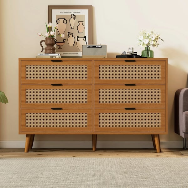 Skænk - Highboard - Neoklassisk design - 6 skuffer - Stor opbevaring - Rattan og træ - Til stuen - Chokoladebrun