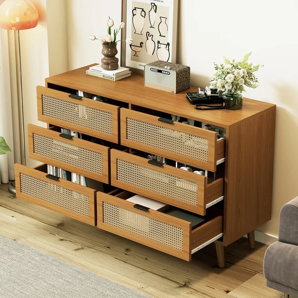 Skænk - Highboard - Neoklassisk design - 6 skuffer - Stor opbevaring - Rattan og træ - Til stuen - Chokoladebrun