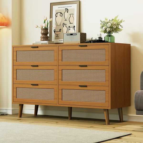 Skænk - Highboard - Neoklassisk design - 6 skuffer - Stor opbevaring - Rattan og træ - Til stuen - Chokoladebrun