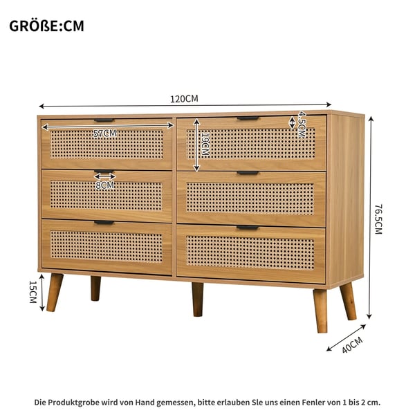 Skænk - Highboard - Neoklassisk design - 6 skuffer - Stor opbevaring - Rattan og træ - Til stuen - Chokoladebrun
