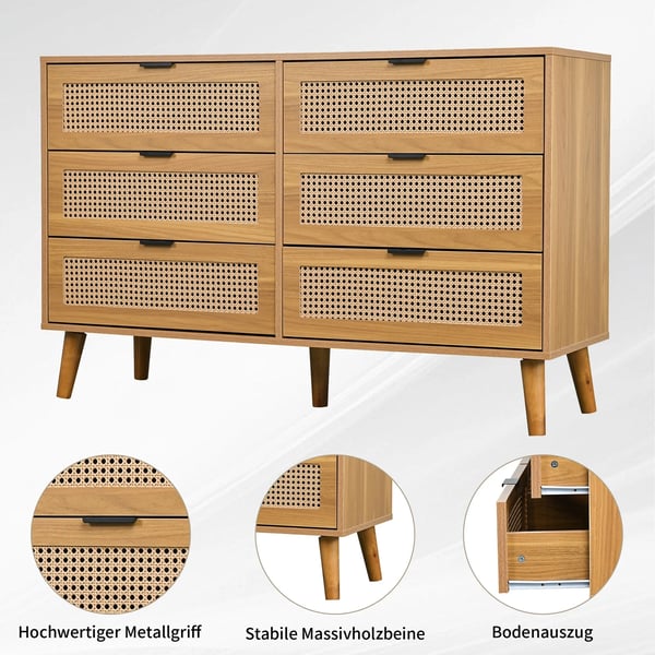 Skænk - Highboard - Neoklassisk design - 6 skuffer - Stor opbevaring - Rattan og træ - Til stuen - Chokoladebrun