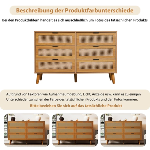 Skænk - Highboard - Neoklassisk design - 6 skuffer - Stor opbevaring - Rattan og træ - Til stuen - Chokoladebrun