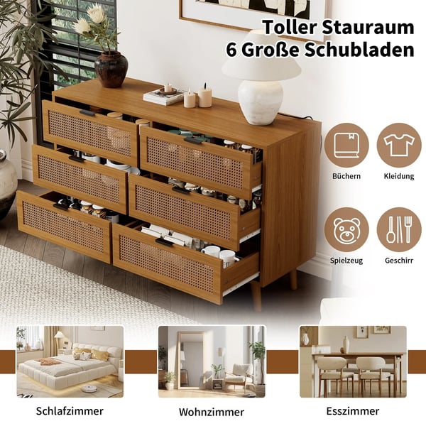 Skænk - Highboard - Neoklassisk design - 6 skuffer - Stor opbevaring - Rattan og træ - Til stuen - Chokoladebrun