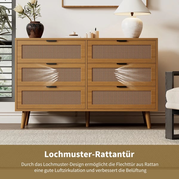 Skænk - Highboard - Neoklassisk design - 6 skuffer - Stor opbevaring - Rattan og træ - Til stuen - Chokoladebrun