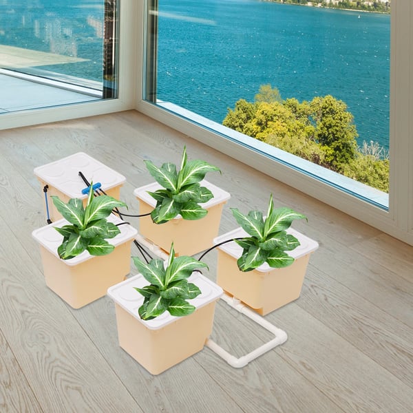 Hydroponisk Dyrkningssæt - 4-Spands System - Pumpe 300 l/t - 11 l Spande - Komplet Sæt - Til Indendørs/Udendørs