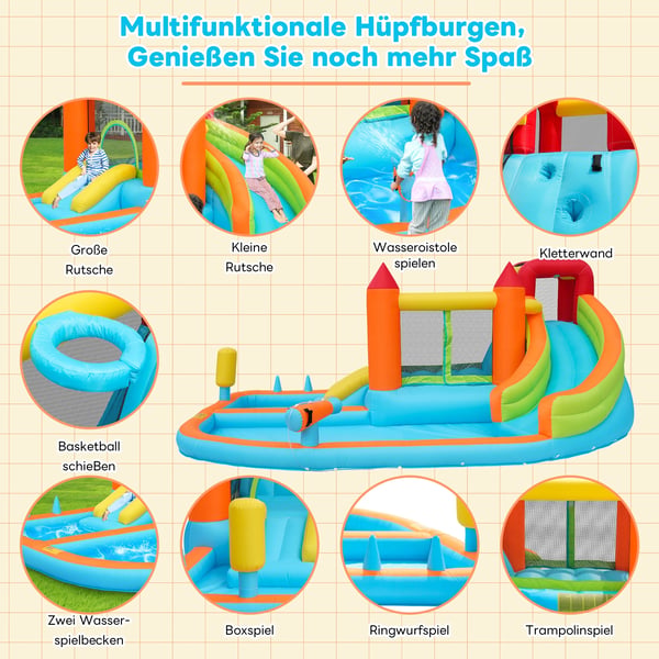Multifunktionel hoppeborg 6-i-1 til udendørs brug, med blæser, vandrutsjebane, trampolin, basketballkurv, vandpistol, 2 poolområder