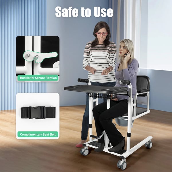 Hydraulisk patientlift - transferstol - Bæreevne 150 kg - Løftehøjde 41–65 cm - 4 hjul med bremser - Ryglæn 180° - Stålramme - Sort