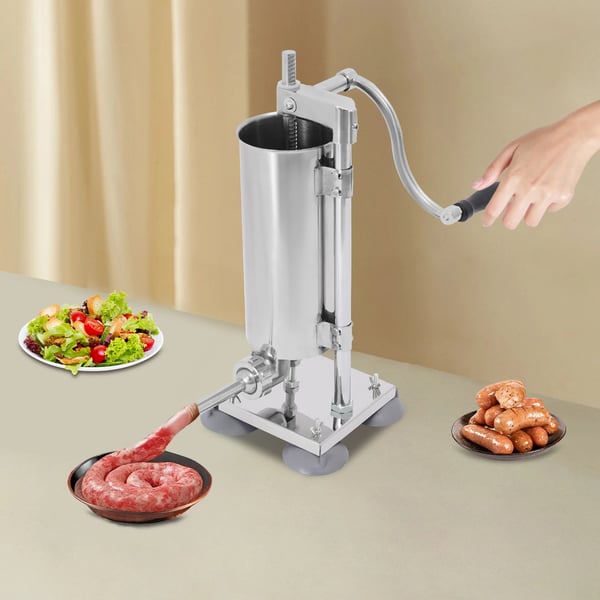 Pølsestopper/Pølsefylder - Vertikal Manuel - Rustfrit Stål - Kapacitet 2,7 kg - Cylinderhøjde 29 cm - Sølv
