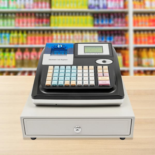 Elektronisk kasseapparat, bordmodel, LED-display, 48 taster, 10.000 PLU, engelsksproget, til restauranter og supermarkeder, sort