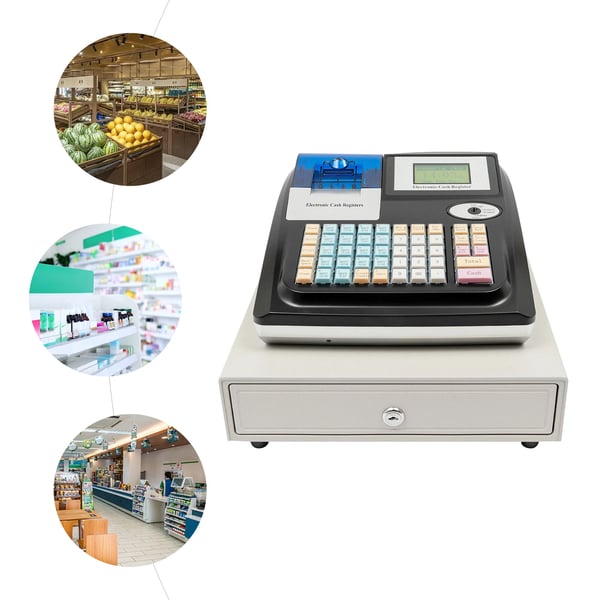 Elektronisk kasseapparat, bordmodel, LED-display, 48 taster, 10.000 PLU, engelsksproget, til restauranter og supermarkeder, sort