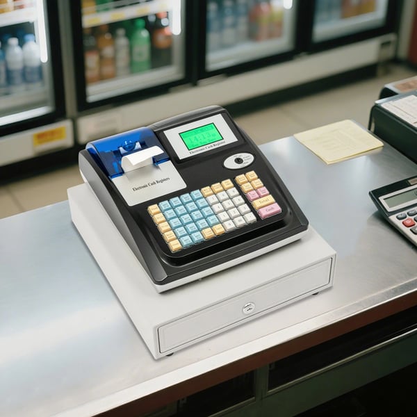 Elektronisk kasseapparat, bordmodel, LED-display, 48 taster, 10.000 PLU, engelsksproget, til restauranter og supermarkeder, sort