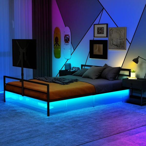 Polstret seng 90x200 cm - Gaming-seng - LED-belysning - Opbevaringskurv under sengen - Metalramme - Justerbart beslag - Sort