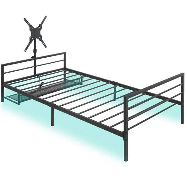 Polstret seng 90x200 cm - Gaming-seng - LED-belysning - Opbevaringskurv under sengen - Metalramme - Justerbart beslag - Sort