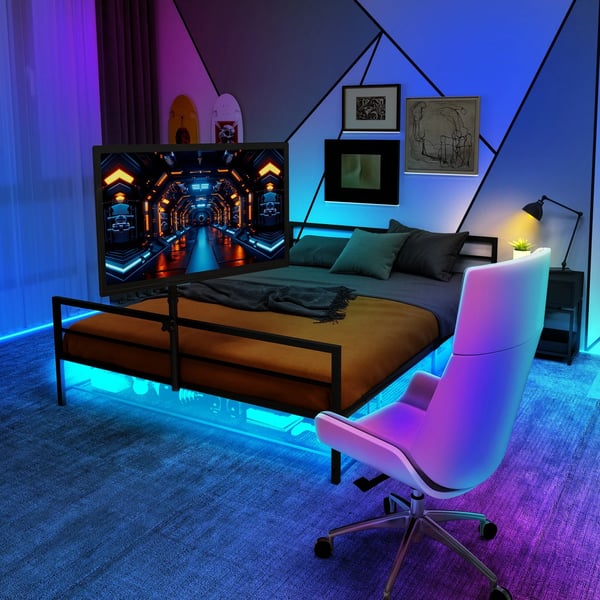 Polstret seng 90x200 cm - Gaming-seng - LED-belysning - Opbevaringskurv under sengen - Metalramme - Justerbart beslag - Sort