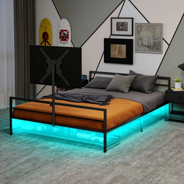 Polstret seng 90x200 cm - Gaming-seng - LED-belysning - Opbevaringskurv under sengen - Metalramme - Justerbart beslag - Sort