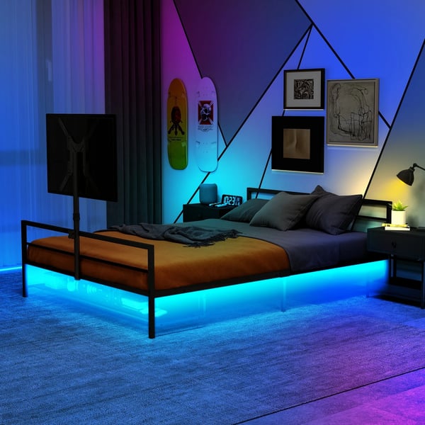 Polstret seng 90x200 cm - Gaming-seng - LED-belysning - Opbevaringskurv under sengen - Metalramme - Justerbart beslag - Sort