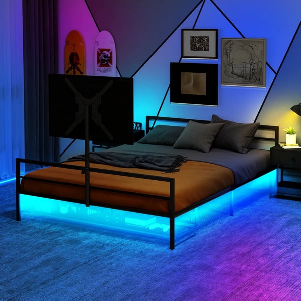 Polstret seng 90x200 cm - Gaming-seng - LED-belysning - Opbevaringskurv under sengen - Metalramme - Justerbart beslag - Sort