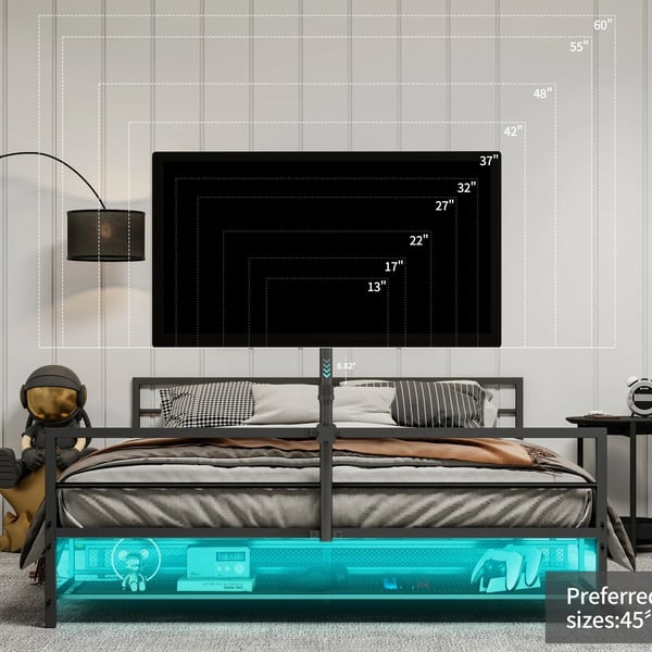 Polstret seng 90x200 cm - Gaming-seng - LED-belysning - Opbevaringskurv under sengen - Metalramme - Justerbart beslag - Sort