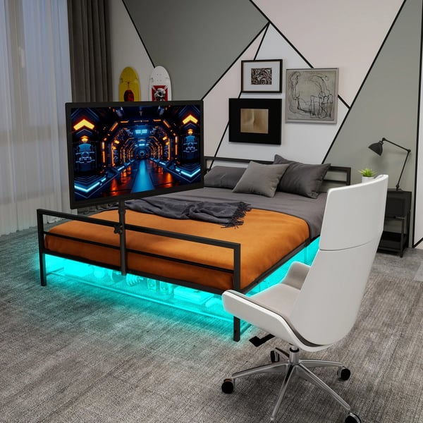Polstret seng 90x200 cm - Gaming-seng - LED-belysning - Opbevaringskurv under sengen - Metalramme - Justerbart beslag - Sort