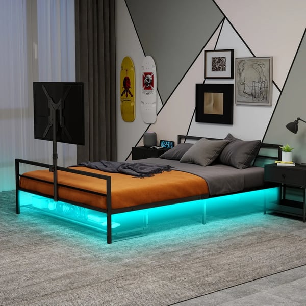 Polstret seng 90x200 cm - Gaming-seng - LED-belysning - Opbevaringskurv under sengen - Metalramme - Justerbart beslag - Sort