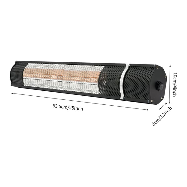 Seinäkiinnitteinen IR terassilämmitin - Pergola/patio - Teho 800/1500/2000 W - Kaukosäädin 3–4 m - Ajastin 30–60 min - Kultaputki - Johto 3 m - Musta