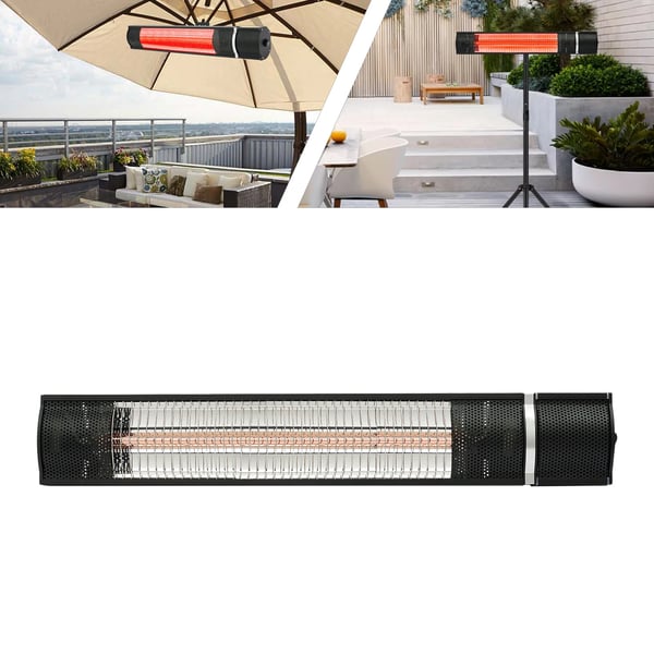 Seinäkiinnitteinen IR terassilämmitin - Pergola/patio - Teho 800/1500/2000 W - Kaukosäädin 3–4 m - Ajastin 30–60 min - Kultaputki - Johto 3 m - Musta
