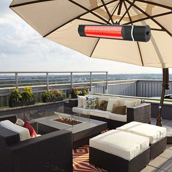 Seinäkiinnitteinen IR terassilämmitin - Pergola/patio - Teho 800/1500/2000 W - Kaukosäädin 3–4 m - Ajastin 30–60 min - Kultaputki - Johto 3 m - Musta