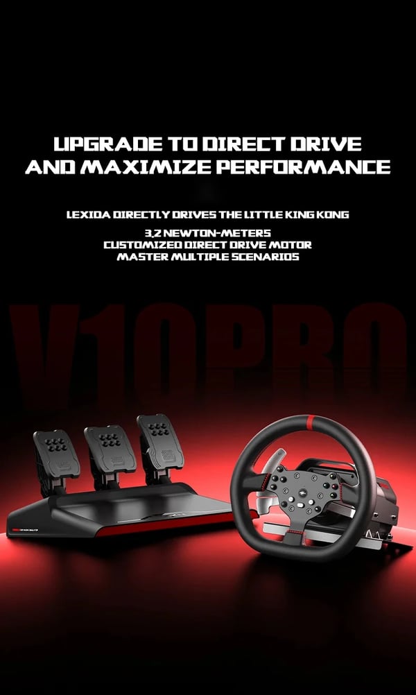 V10 Pro - Direktdrevet racingrat - 3,2 Nm Force Feedback - Bluetooth - PC/Windows 11 - Gearskifter - Hall-magnetiske pedaler - 360° rotation - Sort