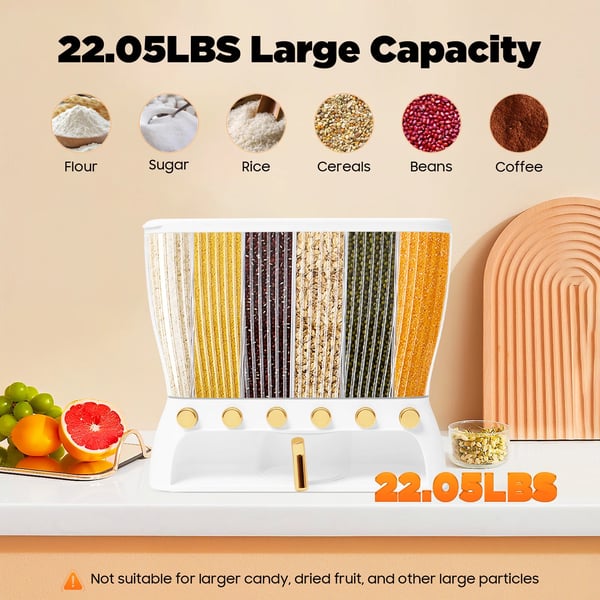 Køkkenopbevaring til tørvarer - Dispenser med 6 rum - 10 kg kapacitet - Transparent - ABS/PP/PET - Til ris, bønner, morgenmadsflager