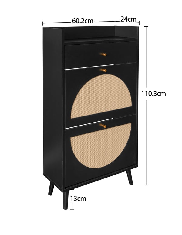 Skoskab - 3 niveauer med 1 skuffe - Til 10 par - Spånplade - Rattanlook - Minimalistisk - Maks belastning 10 kg - Sort