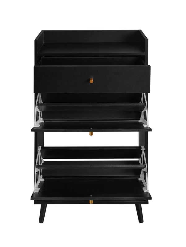 Skoskab - 3 niveauer med 1 skuffe - Til 10 par - Spånplade - Rattanlook - Minimalistisk - Maks belastning 10 kg - Sort